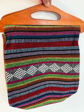 Colorful Woven Stripe Tote with Wooden Handle